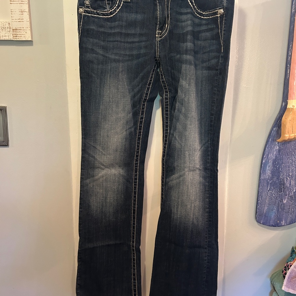Miss Me Dark Blue Boot Cut Jeans with Contrast Stitching